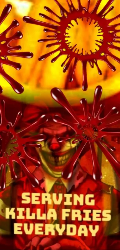 Vibrant killer clown theme with red and yellow abstract design.