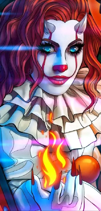 Artistic depiction of a killer clown holding a fiery object with a balloon.