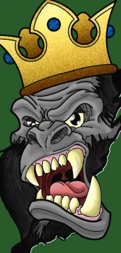 Illustrated gorilla with crown on green background.