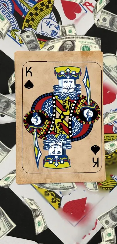 King of Spades card with floating dollar bills.