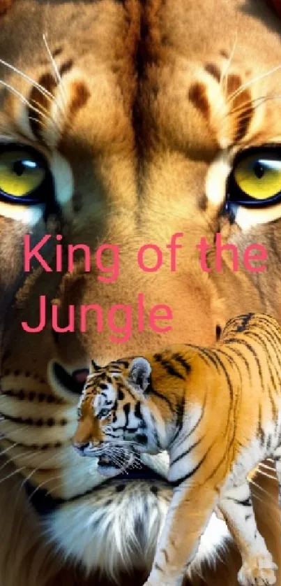 Majestic lion and tiger with text, king of the jungle theme.