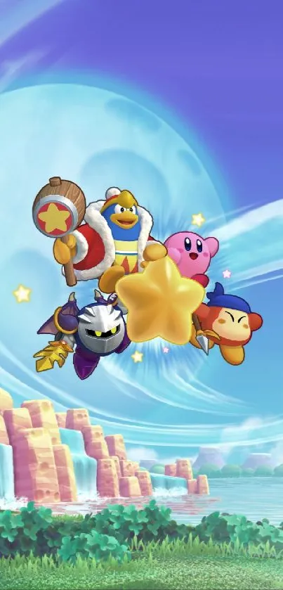 Kirby and friends soaring under a blue sky in fantasy landscape wallpaper.