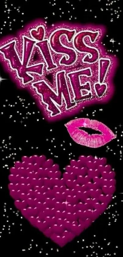 Kiss Me wallpaper with magenta heart and lips on black background.