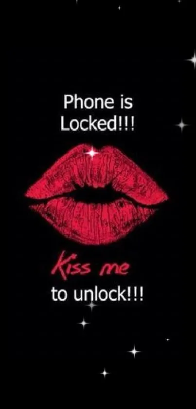 Mobile wallpaper with red lips and 'Kiss me' text on black background.