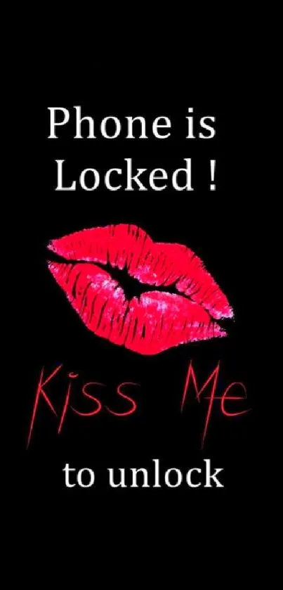 Kiss Me to Unlock wallpaper with red lips on black background.