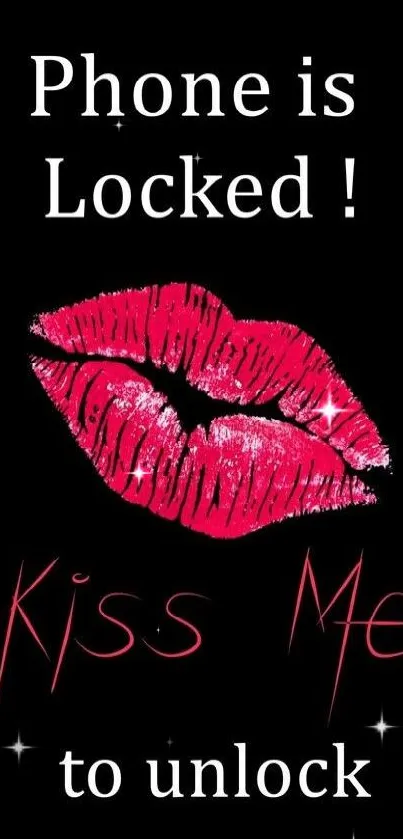 Lock screen wallpaper with kiss graphic and playful text on black background.