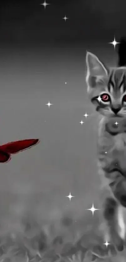 Cute kitten chasing a red butterfly in grayscale background.