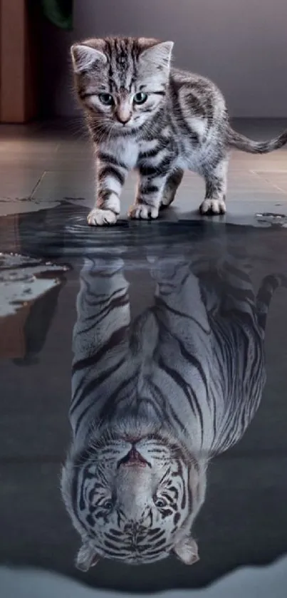 Kitten sees tiger reflection in puddle.