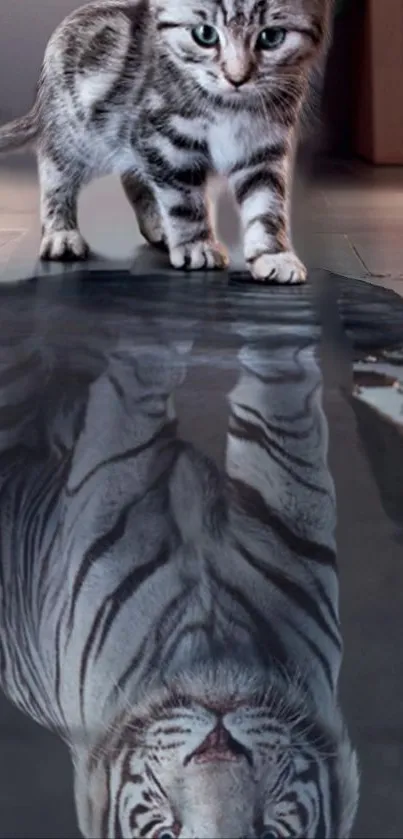 Kitten looks at its reflection, seeing a tiger instead.