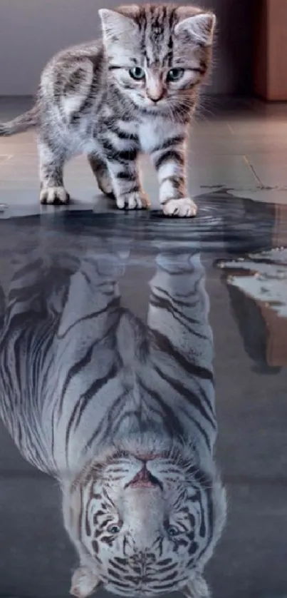 Kitten reflected as tiger in puddle, mobile wallpaper.