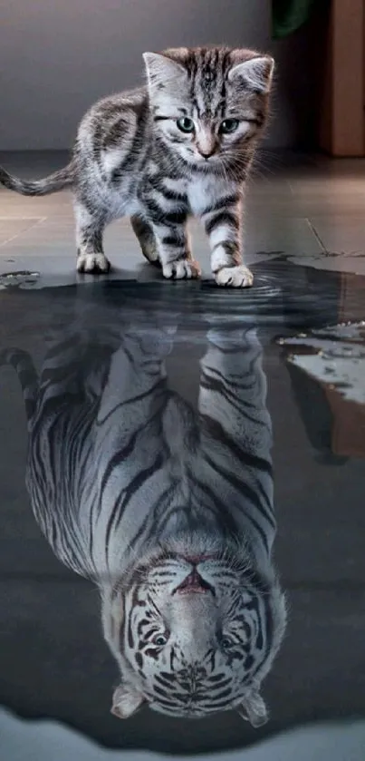 Kitten viewing tiger reflection in water pool.