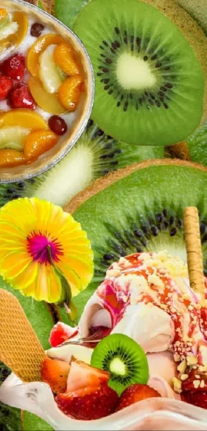 Kiwi-themed dessert wallpaper featuring fresh fruits and dessert.