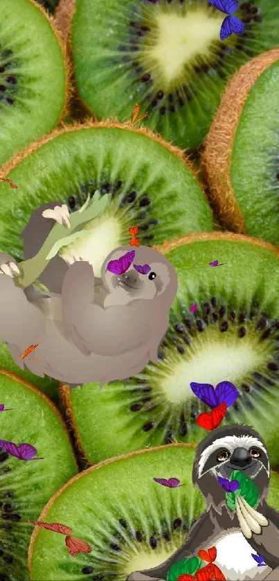 Kiwi fruit slices with sloths as mobile wallpaper