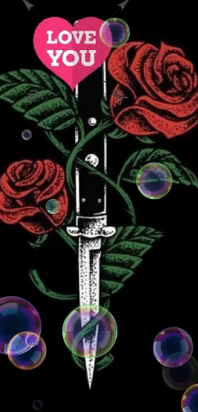 Knife entwined with roses and a love heart on a dark background.