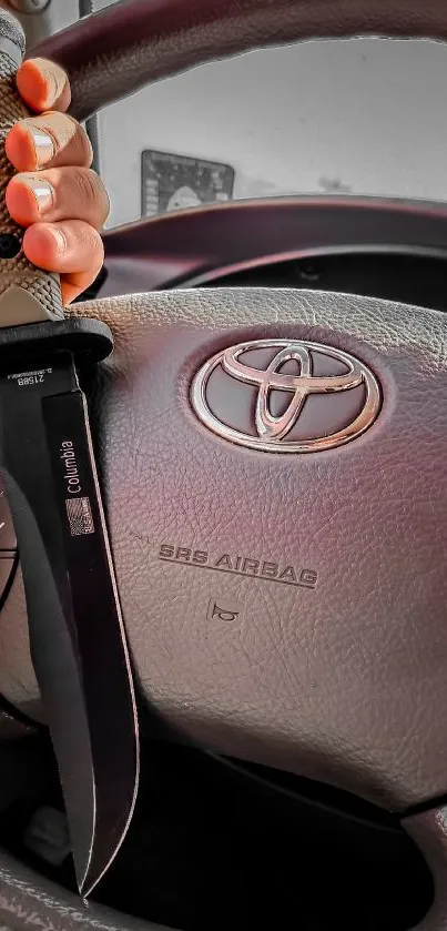 Knife resting on a steering wheel with a car logo, creating a bold style statement.