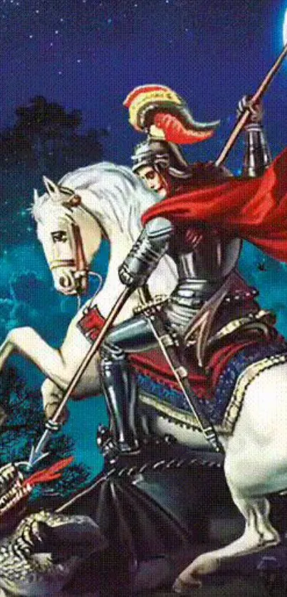 Knight in armor on horse fighting dragon under moonlit sky.