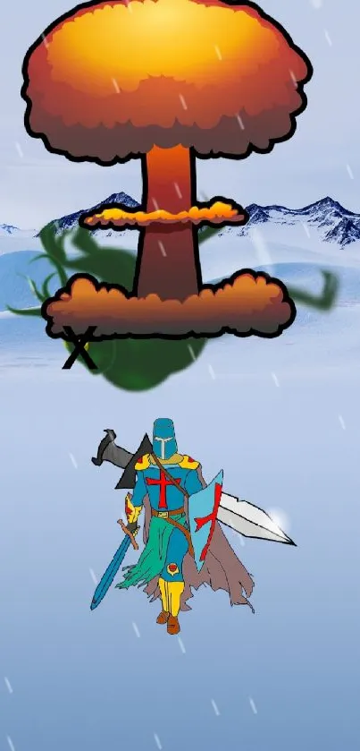 Knight with sword and explosion on snowy background.