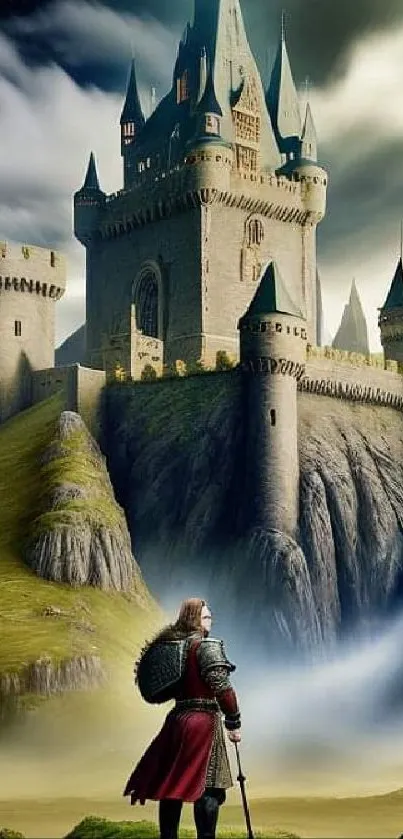 Knight gazing at majestic enchanted castle in a fantasy landscape.