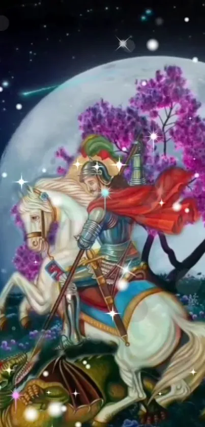 Knight in vibrant fantasy scene with moonlit backdrop and sparkling details.