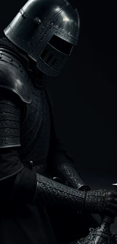 Knight in dark armor with sword, mysterious wallpaper design.