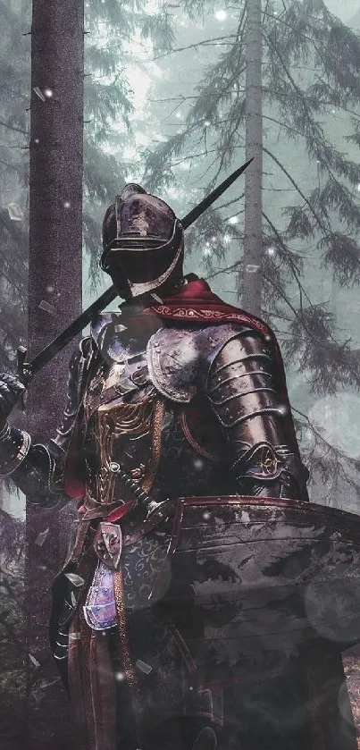 Knight in forest with sword and shield, surrounded by mystical trees.