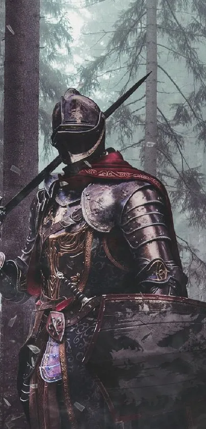 Medieval knight in armor in a misty forest setting.