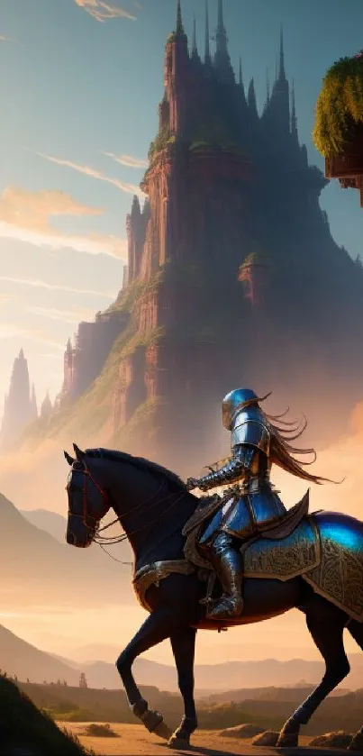 Knight on horseback with a grand castle in the background at sunset.