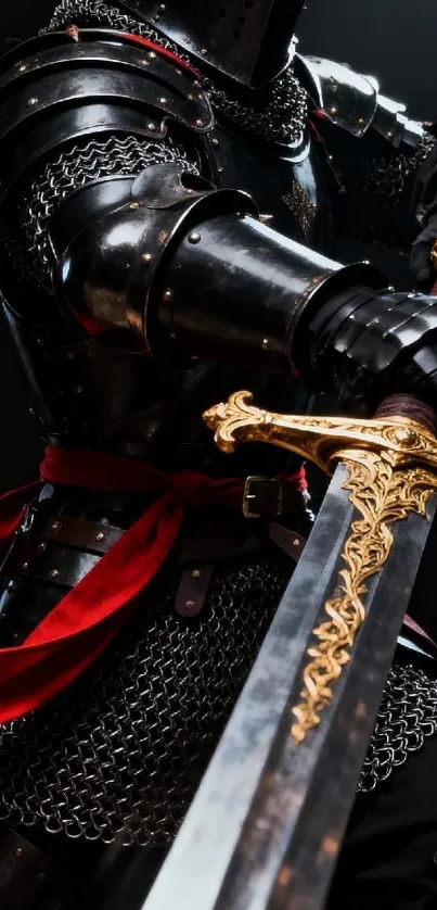 Medieval knight in armor with ornate sword, side view.