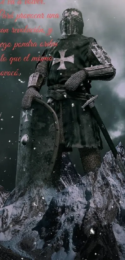 Knight in armor stands on snowy mountain peak with stormy skies.