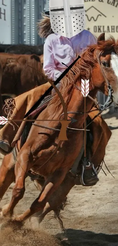 Knight riding a galloping horse on sandy terrain.