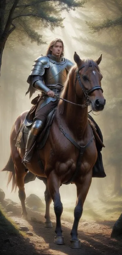 Knight in armor riding a horse through a mystical forest.