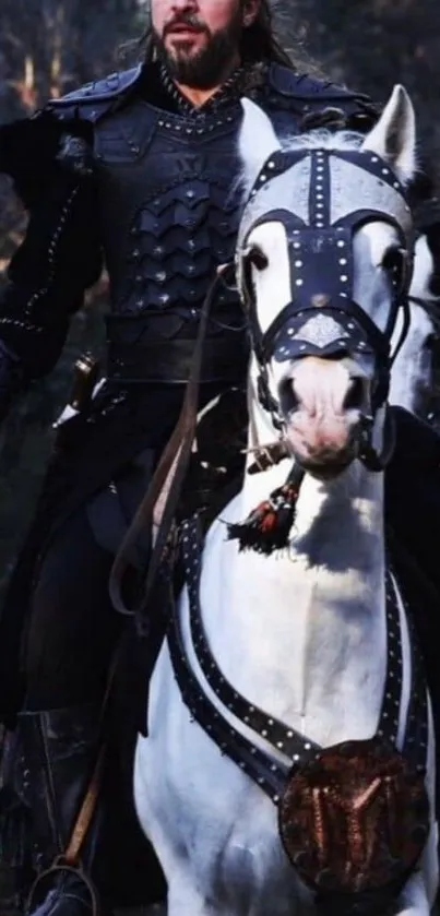 Knight in armor on a white horse, set in a dark forest.