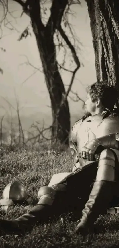 Medieval knight resting under a tree in sepia-toned landscape.