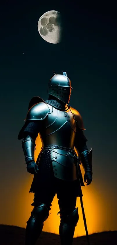 Knight standing under a bright moonlit night sky.