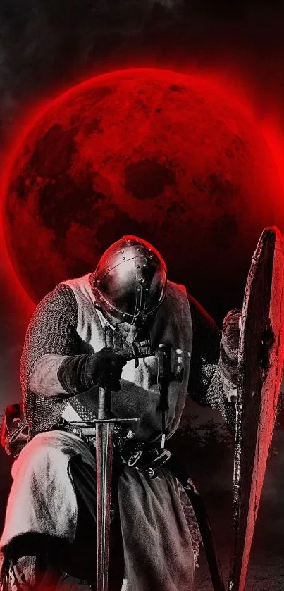 Medieval knight kneeling under a red moon backdrop.