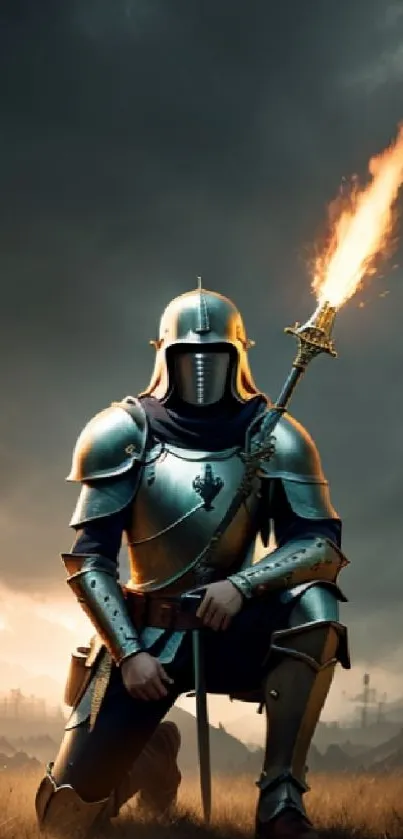 Knight in armor holding a fiery sword with dramatic sky.