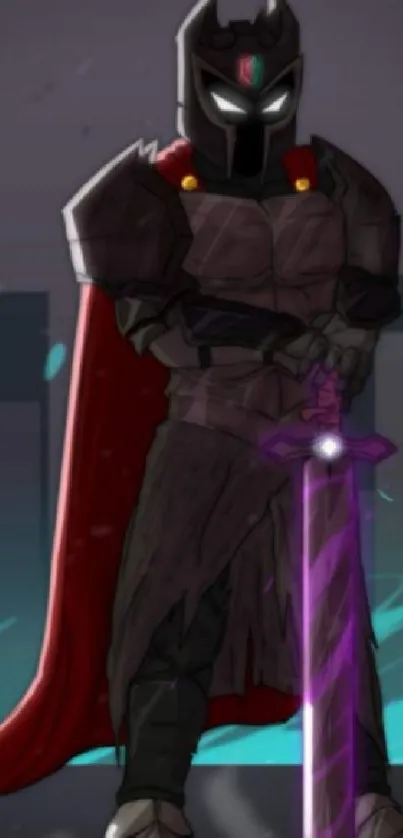 Knight in dark armor with a glowing sword and red cape in a cityscape at night.