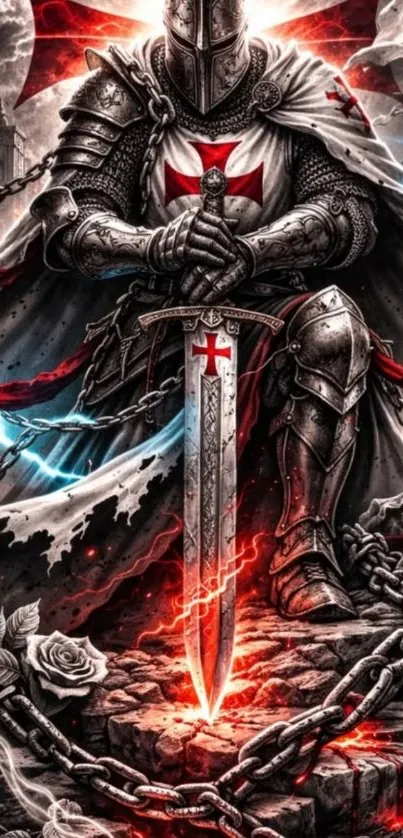 Medieval knight with sword and cross.