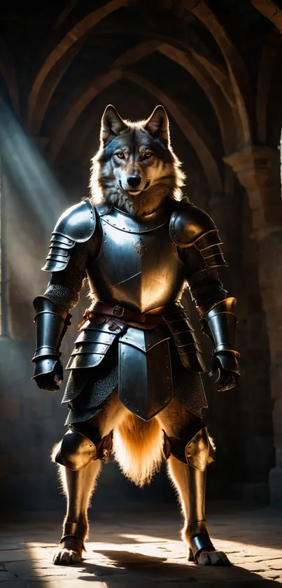 Majestic armored wolf in medieval castle setting.