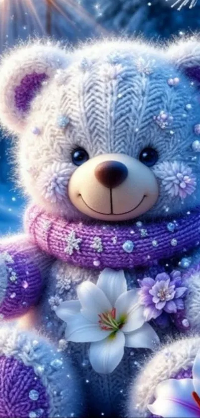 Charming knitted teddy bear in a winter setting with floral accents.