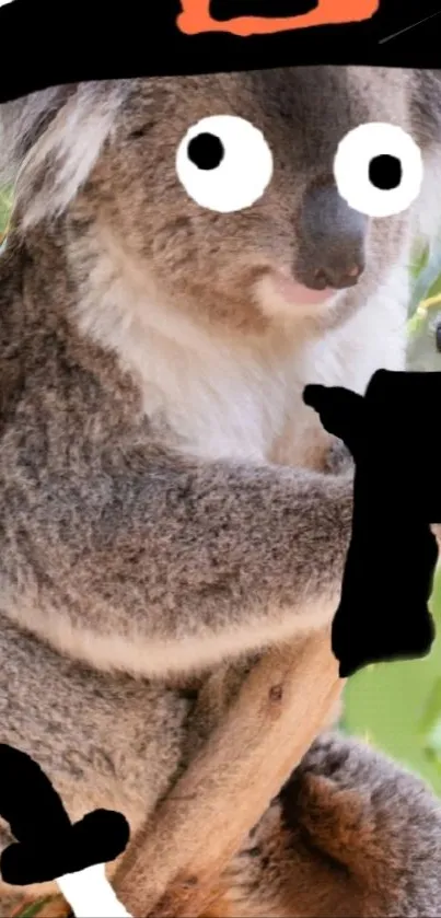 Koala in a cute Halloween costume sitting on a tree branch.