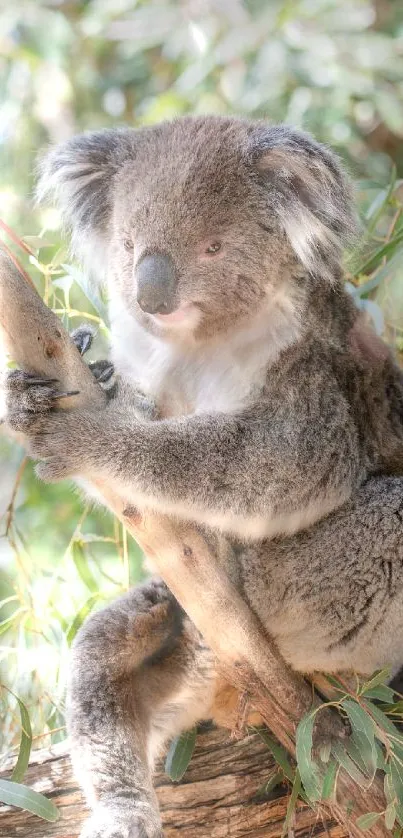 Koala peacefully perched on a tree in a lush, green forest setting.