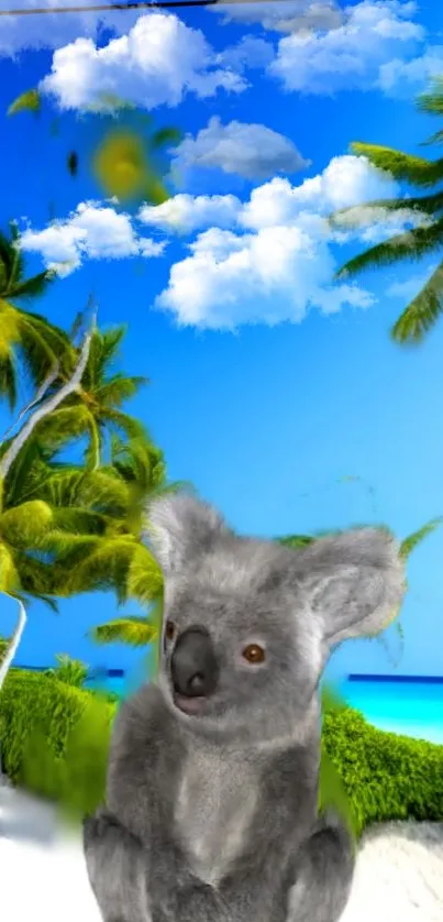 Charming koala with tropical backdrop of palm trees and blue sky.