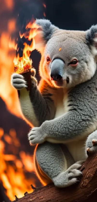 Koala holding a burning torch with intense flames in the background.