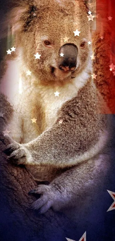 Koala perched on tree with flag background.