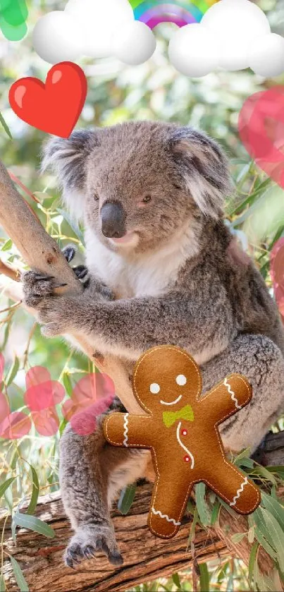 Koala on branch with gingerbread and hearts.