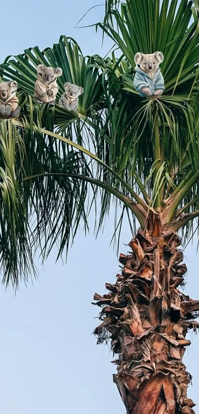 Wallpaper of koalas resting in a palm tree under a clear blue sky.