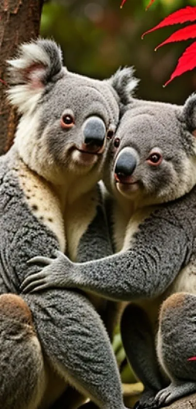 Two koalas cuddling on a tree branch with red leaves.