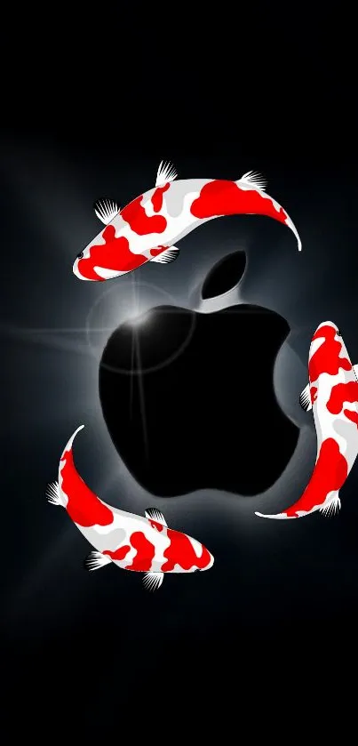 Koi fish swim around a glowing Apple logo on a sleek black background.