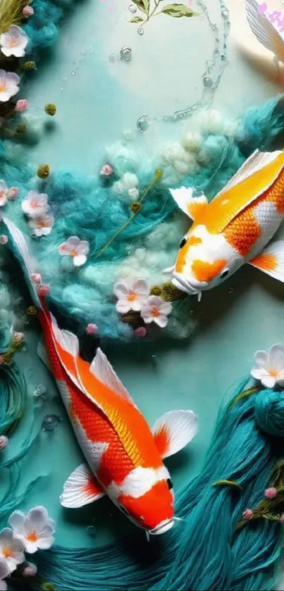 Koi fish swimming with cherry blossoms on teal background.